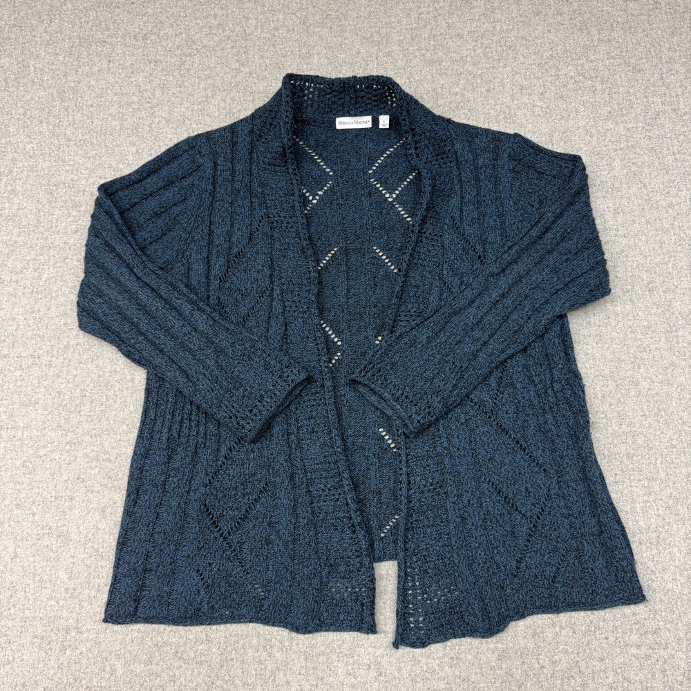 Rebecca Malone Cardigan Large Blue Pointelle Diamond Open Front Knit Sweater